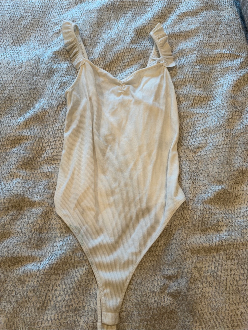 Marshalls Cream Ribbed Ruffle-Strap Bodysuit